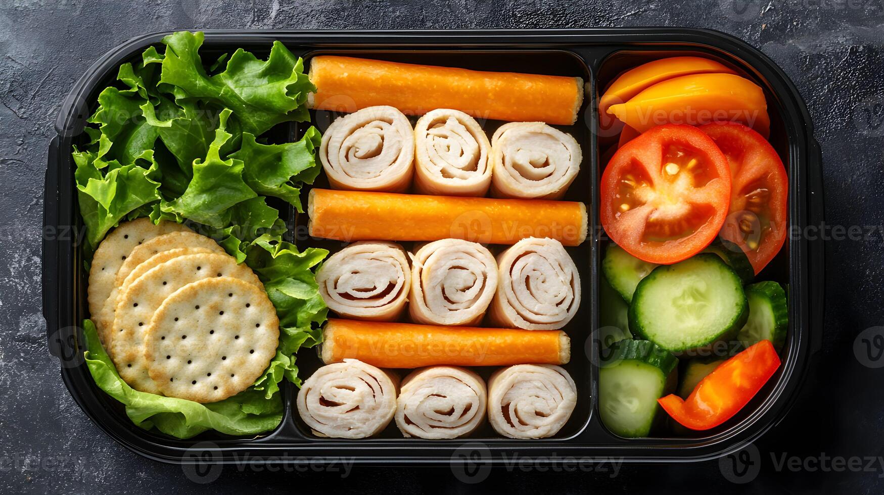 Healthy lunch box filled with fresh vegetables, turkey rolls, and crackers arranged neatly on a dark surface photo