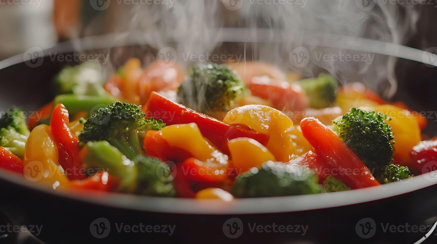 Vibrant vegetables being stir-fried in a hot pan with steam rising in a cozy kitchen during a sunny afternoon photo