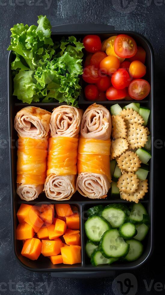 Healthy lunch box featuring turkey and cheese rolls alongside fresh vegetables and fruits arranged neatly in a divided container for a balanced meal photo