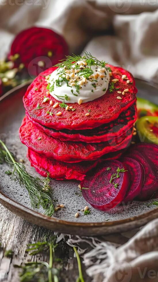 Delicious stack of vibrant beetroot pancakes topped with yogurt, herbs, and crunchy nuts served on a rustic plate photo
