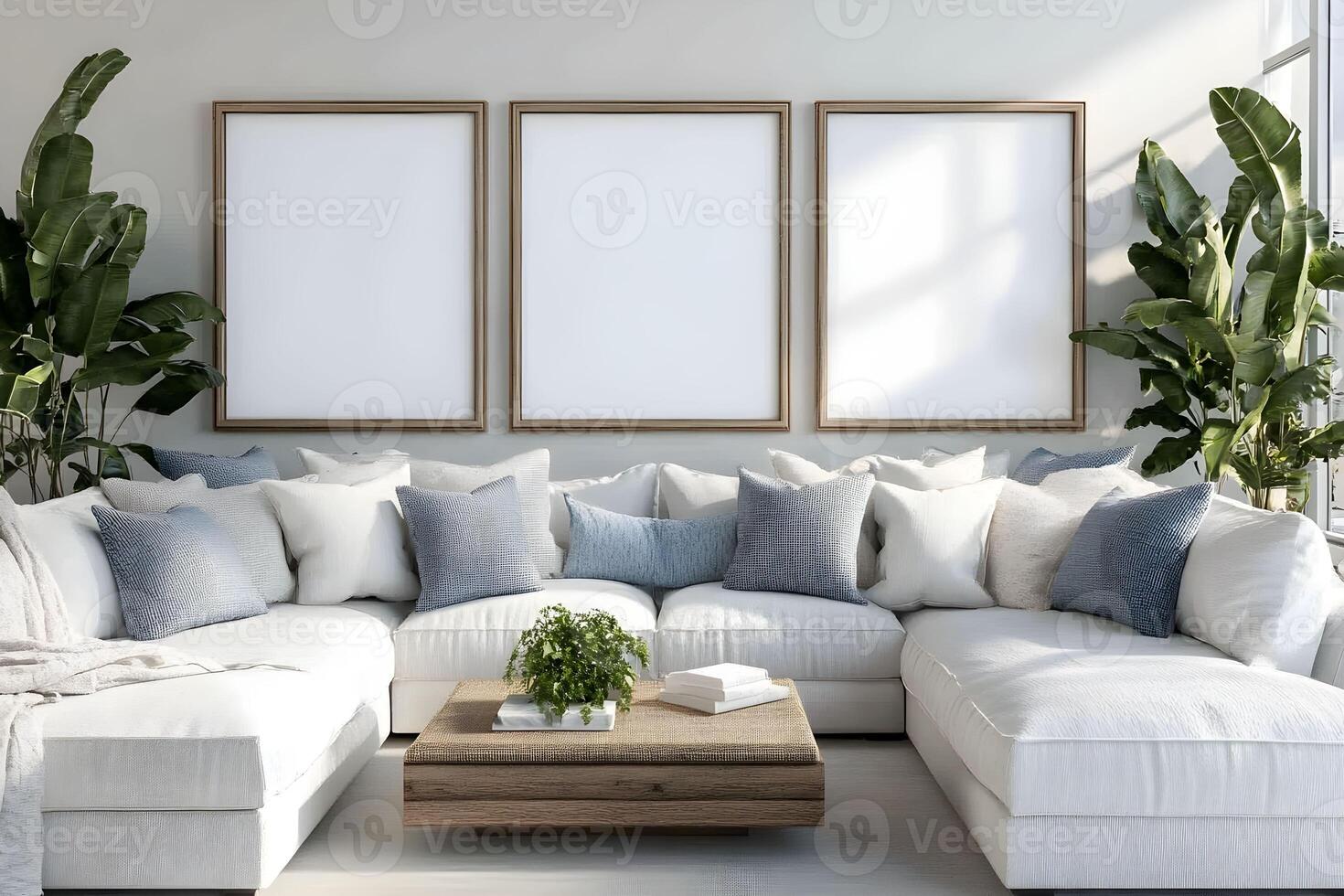 Cozy living room with modern decor featuring large sectional sofa, fresh plants, and empty three picture frames foe wall art mockup. photo