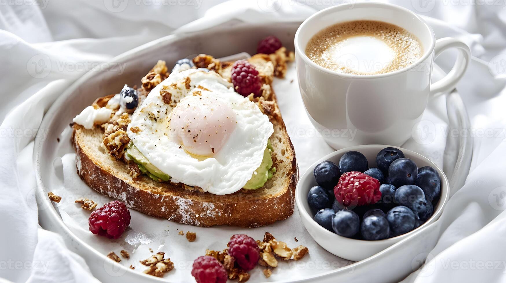 Delicious brunch featuring toast with avocado and poached egg, fresh berries, and coffee served on a cozy white table setting at home photo