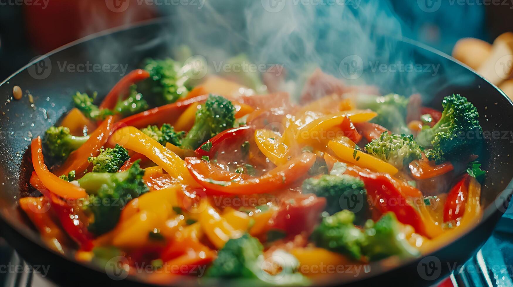 Colorful vegetables steaming in a skillet while being stir-fried in a kitchen photo