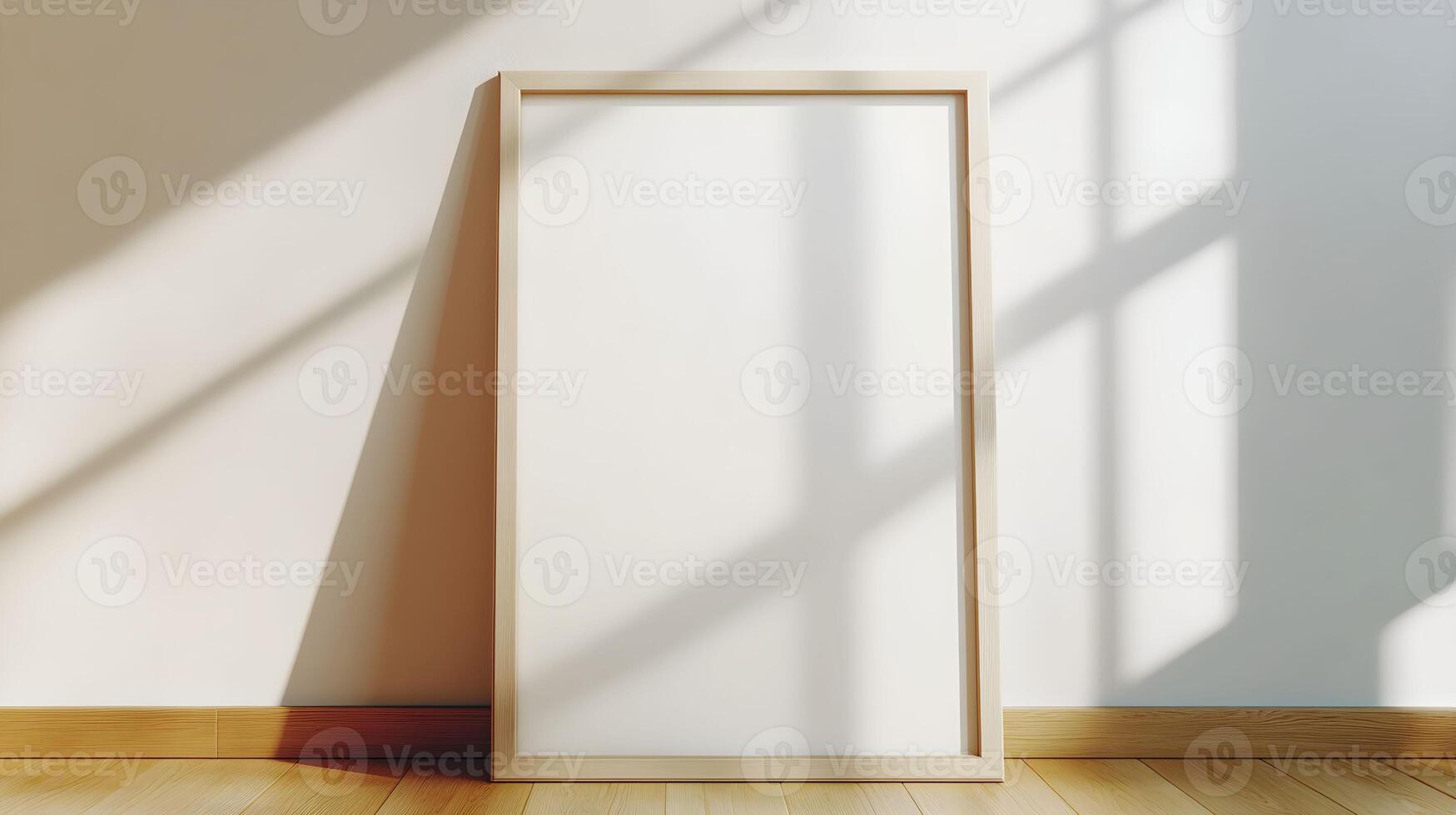 Blank frame stands against a sunlit wall casting shadows in a serene indoor setting, inviting creativity and artistic expression photo