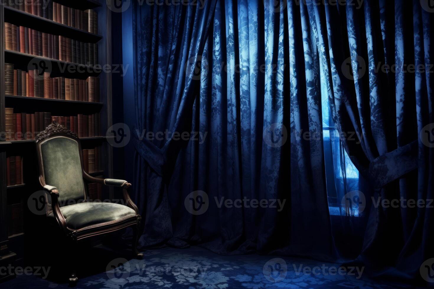 Close up of the cozy corner in the apartment with comfortable classic armchair. Blue curtains, bookshelves and blue carpet. photo