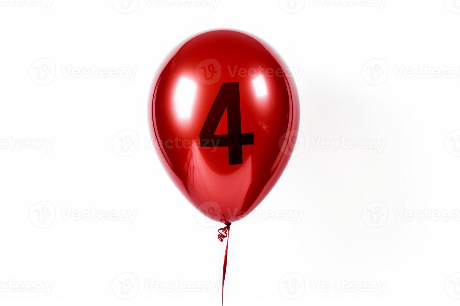 Red balloon with black number four. Isolated on white background. Number four on balloon. photo