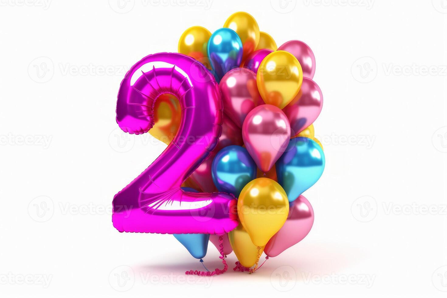 Elegant Greeting celebration two year birthday. Anniversary number 2 foil violet balloon and other balloons. Isolated on white background. photo