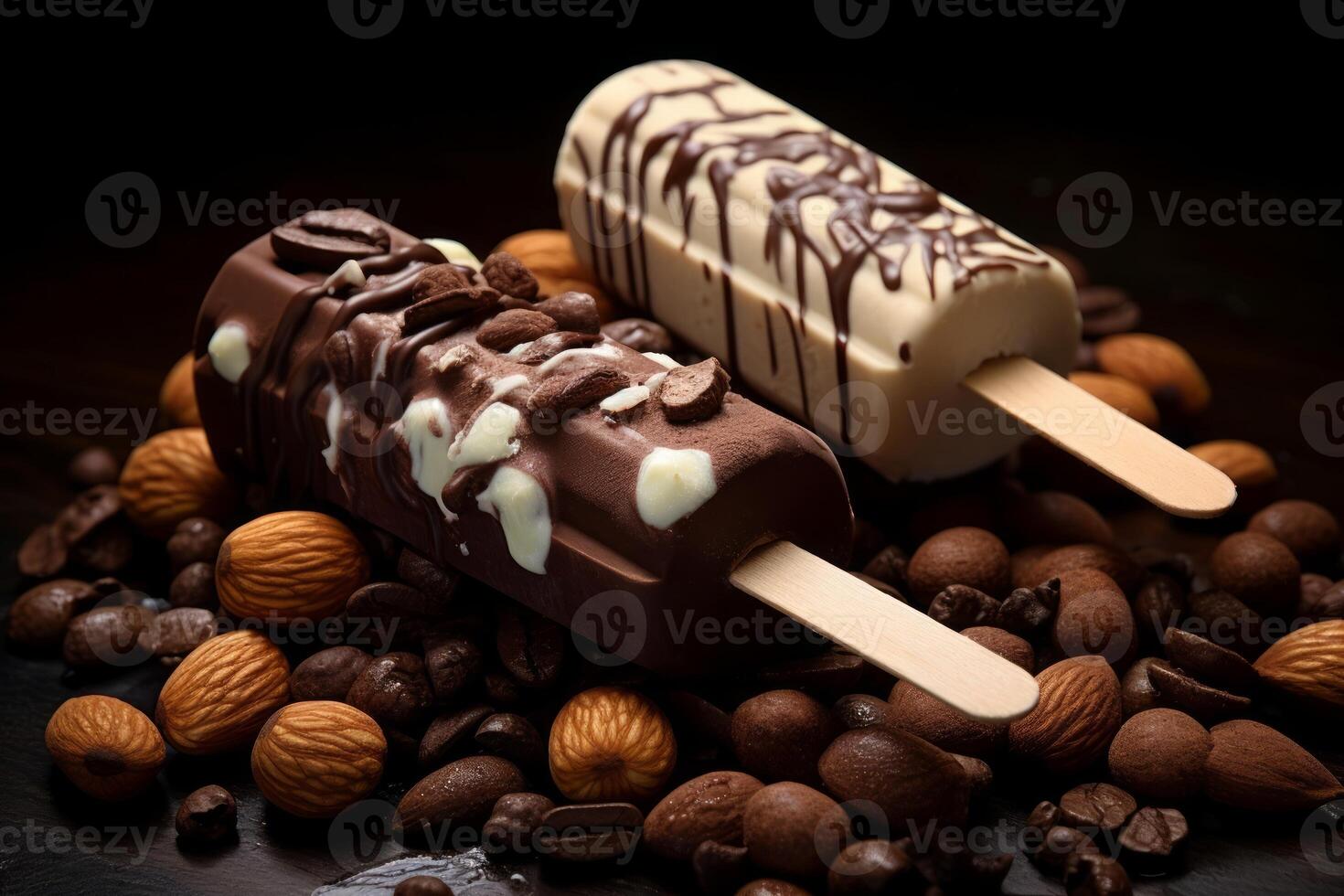 Realistic chocolate ice cream on sticks. White and black ice creams. Sweet creamy dessert, dairy frozen summer food. Coffee and nuts under ice creams. photo