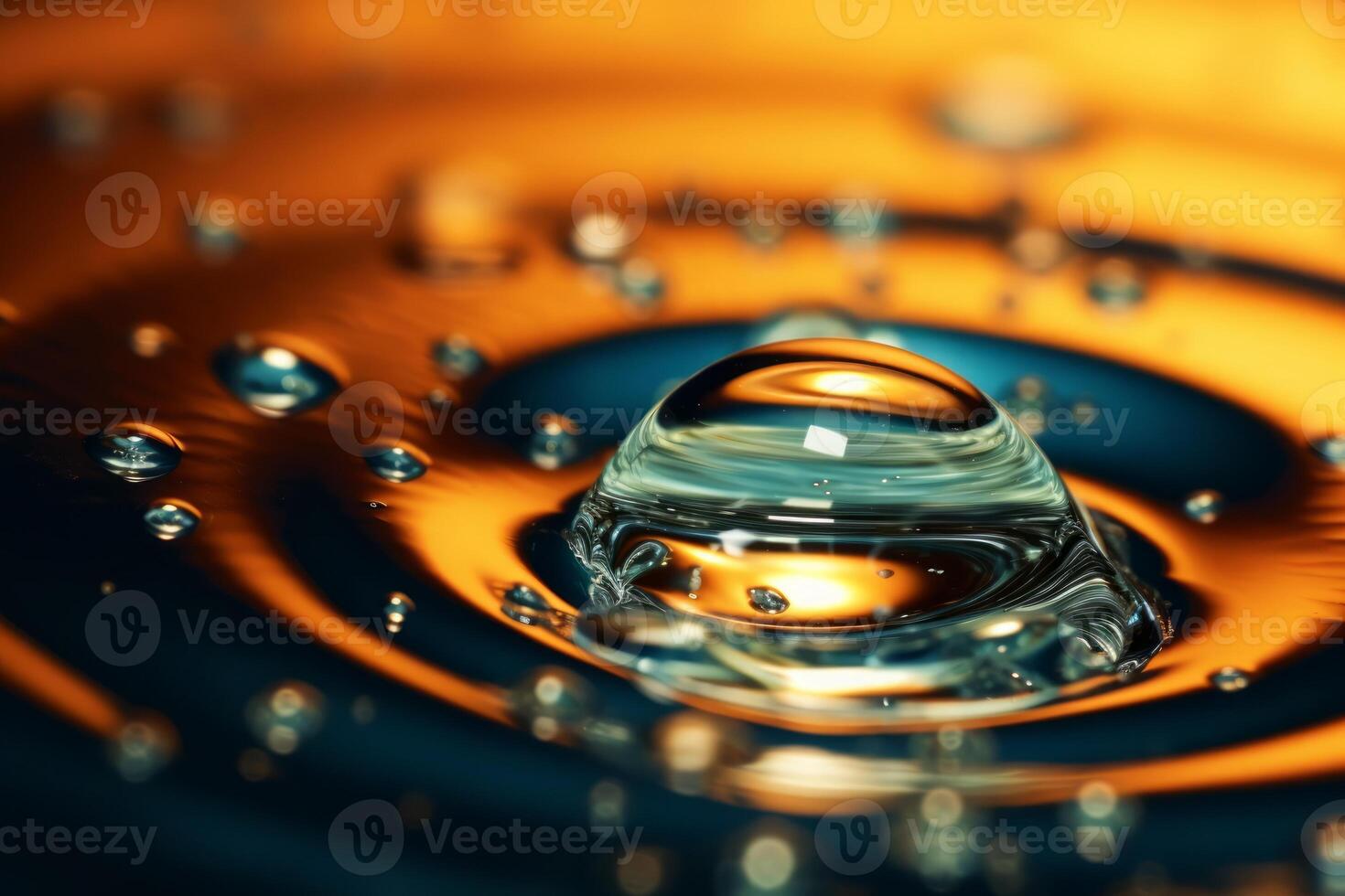 Blue Water drop falling, macro splash. Natural background. Orange and blue colors. photo