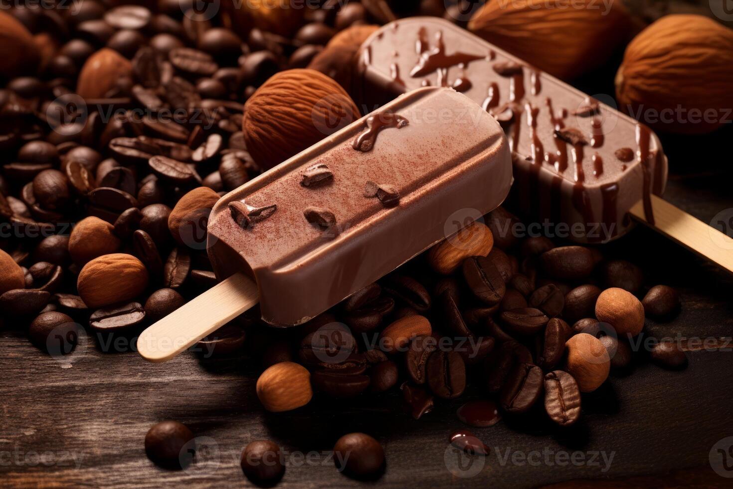 Realistic chocolate ice cream on sticks. Poster with bite choco popsicle with nuts. Sweet creamy dessert, dairy frozen summer food. Coffee and nuts. photo