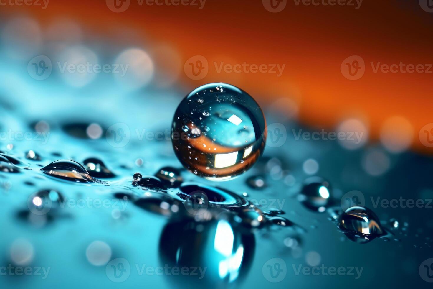 Blue Water drop falling, macro splash. Natural background. Orange and blue colors photo