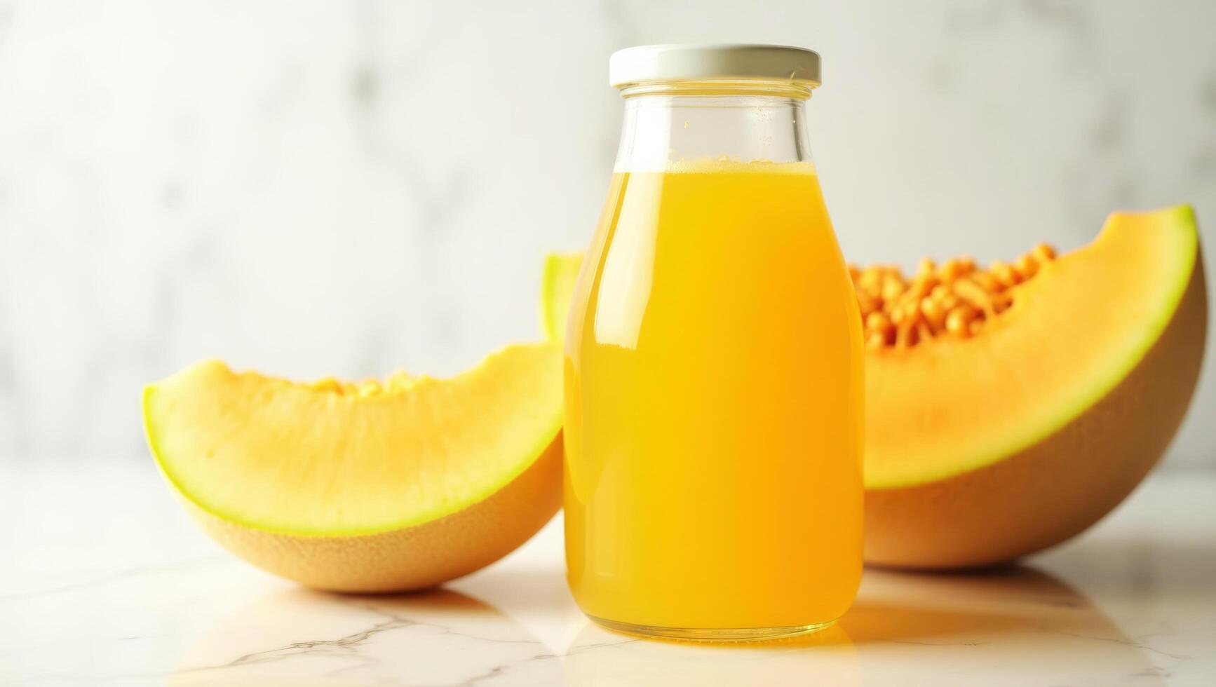 Bright and Refreshing Melon Juice in Clear Glass Bottle Isolated on White. photo