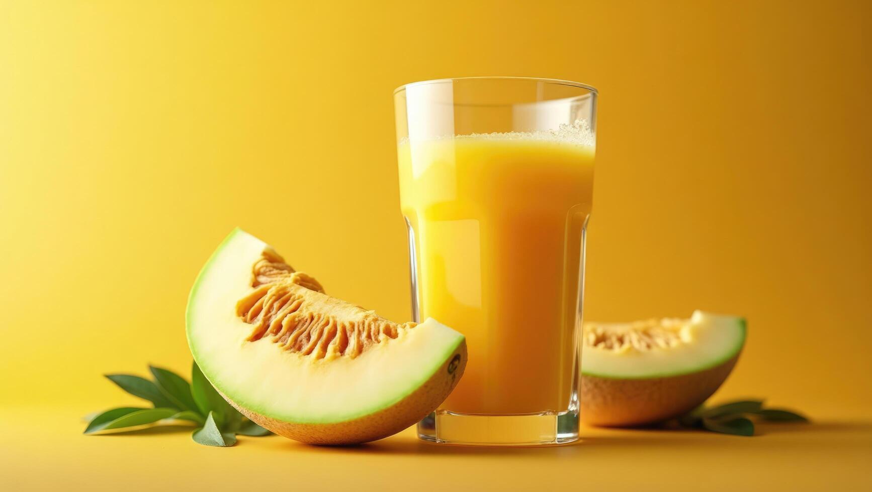 Refreshing Melon Juice Served in Glass on Wooden Table photo