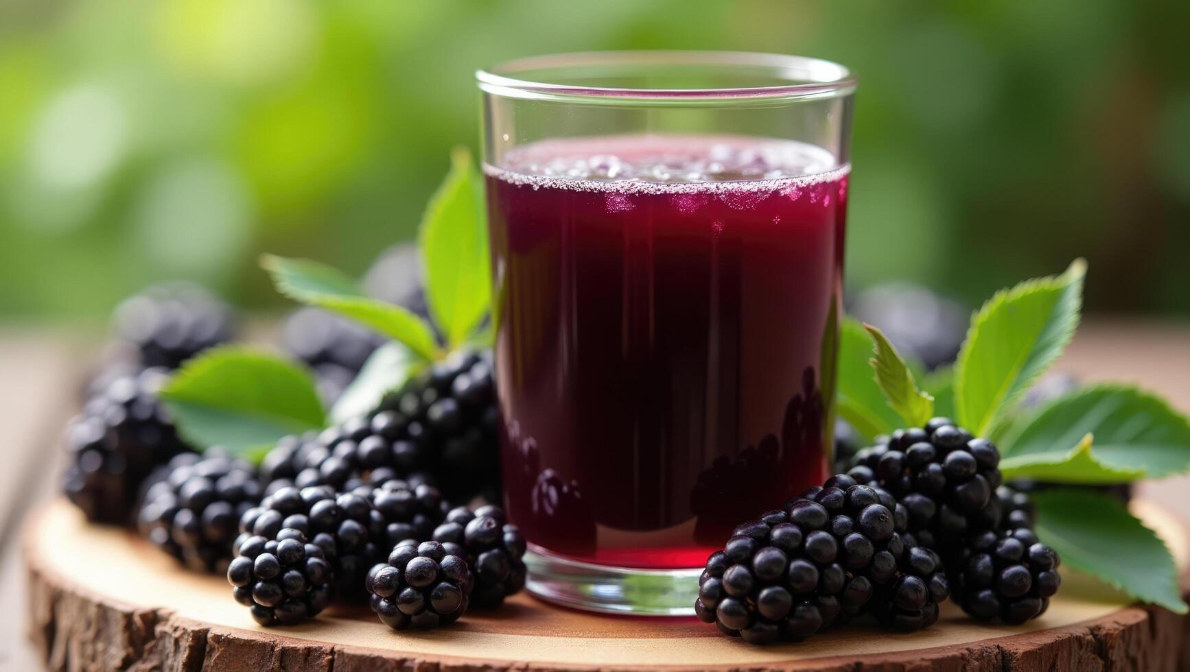 Fresh Blackcurrant Juice in Glass with Berries and Leaves Outdoors photo