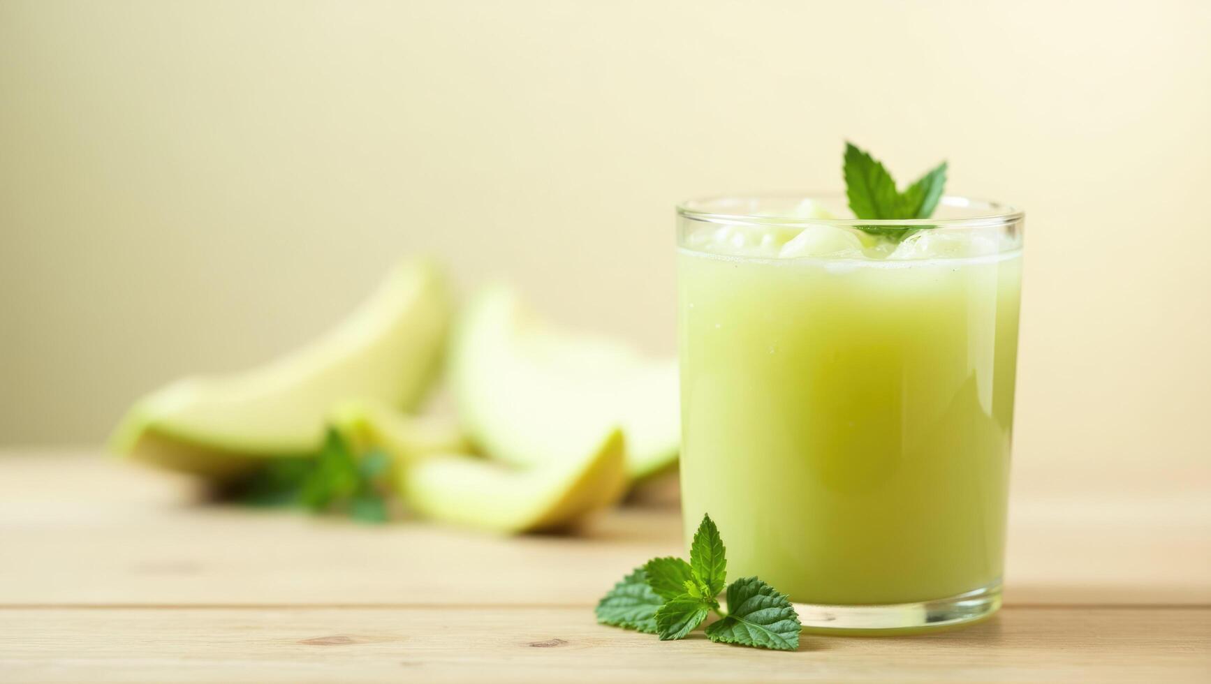 Refreshing Green Melon Juice with Mint Garnish on Wooden Surface photo