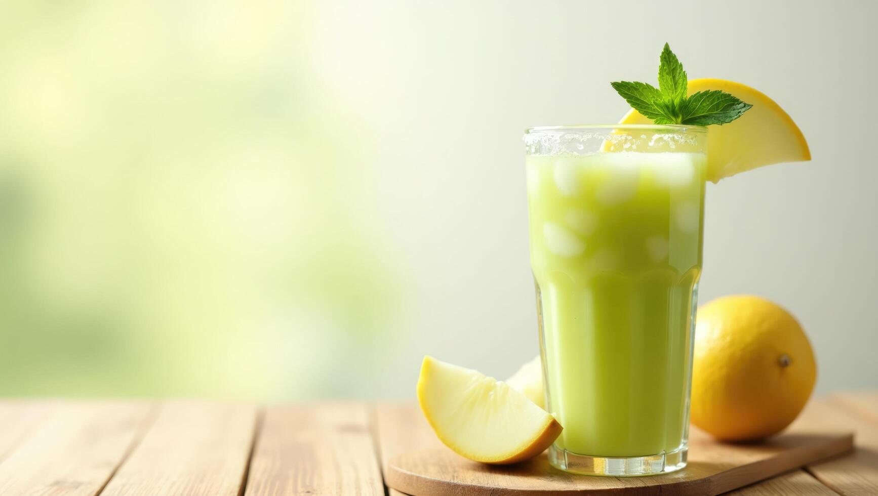 Glass of Lemonade Garnished with Mint on Rustic Wooden Table photo