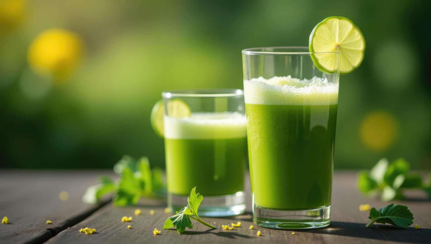 Two Glasses of Fresh Green Juice with Zesty Lime Garnish photo