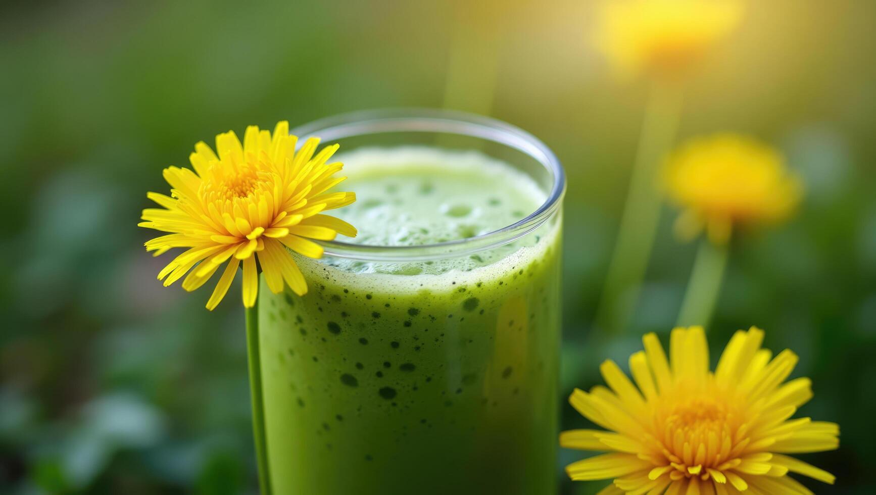 Green Juice in a Glass Decorated with Bright Yellow Flower photo