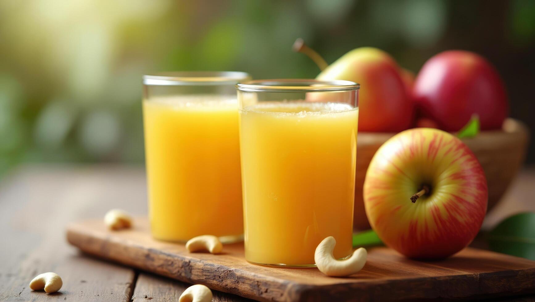 Rustic Glass of Apple Fruit Juice on Wooden Surface for a Refreshing Drink. photo