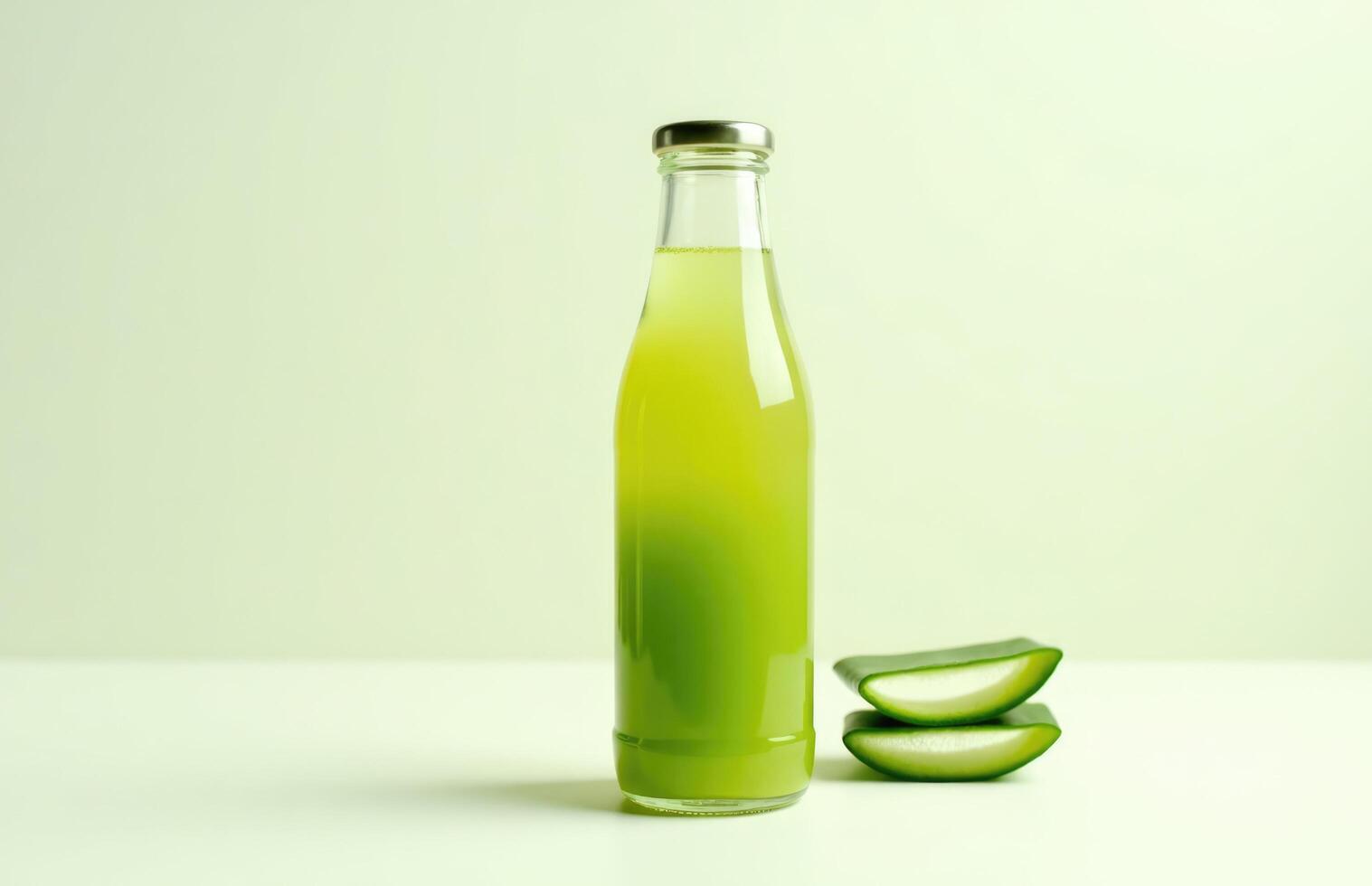 Organic Aloe Vera Juice in a Clear Glass Bottle for Hydration and Wellness. photo