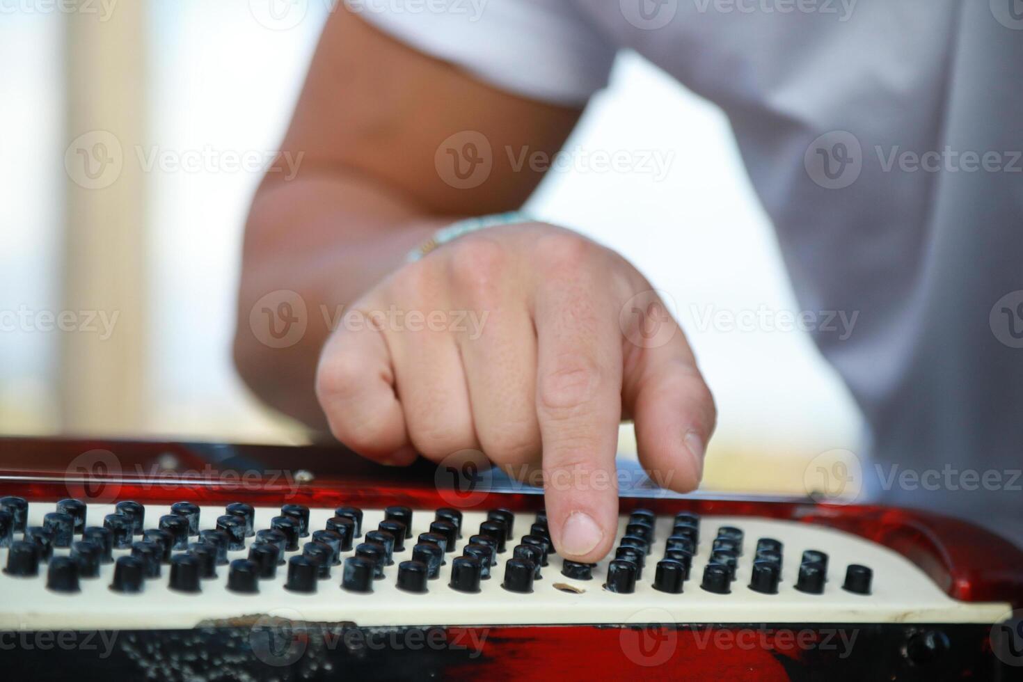 Man Testing All The Buttons Of His Accordion photo