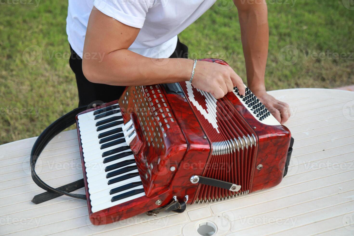 Man Using Tool To Fix And Tune Accordion photo