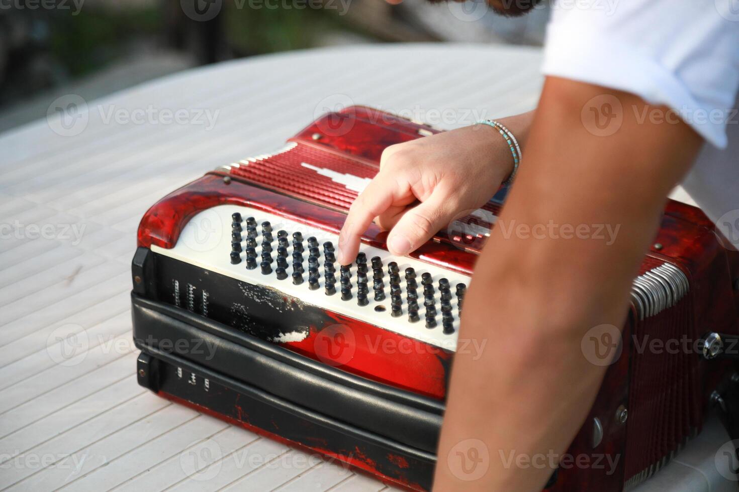 Man Testing All The Buttons Of His Accordion photo