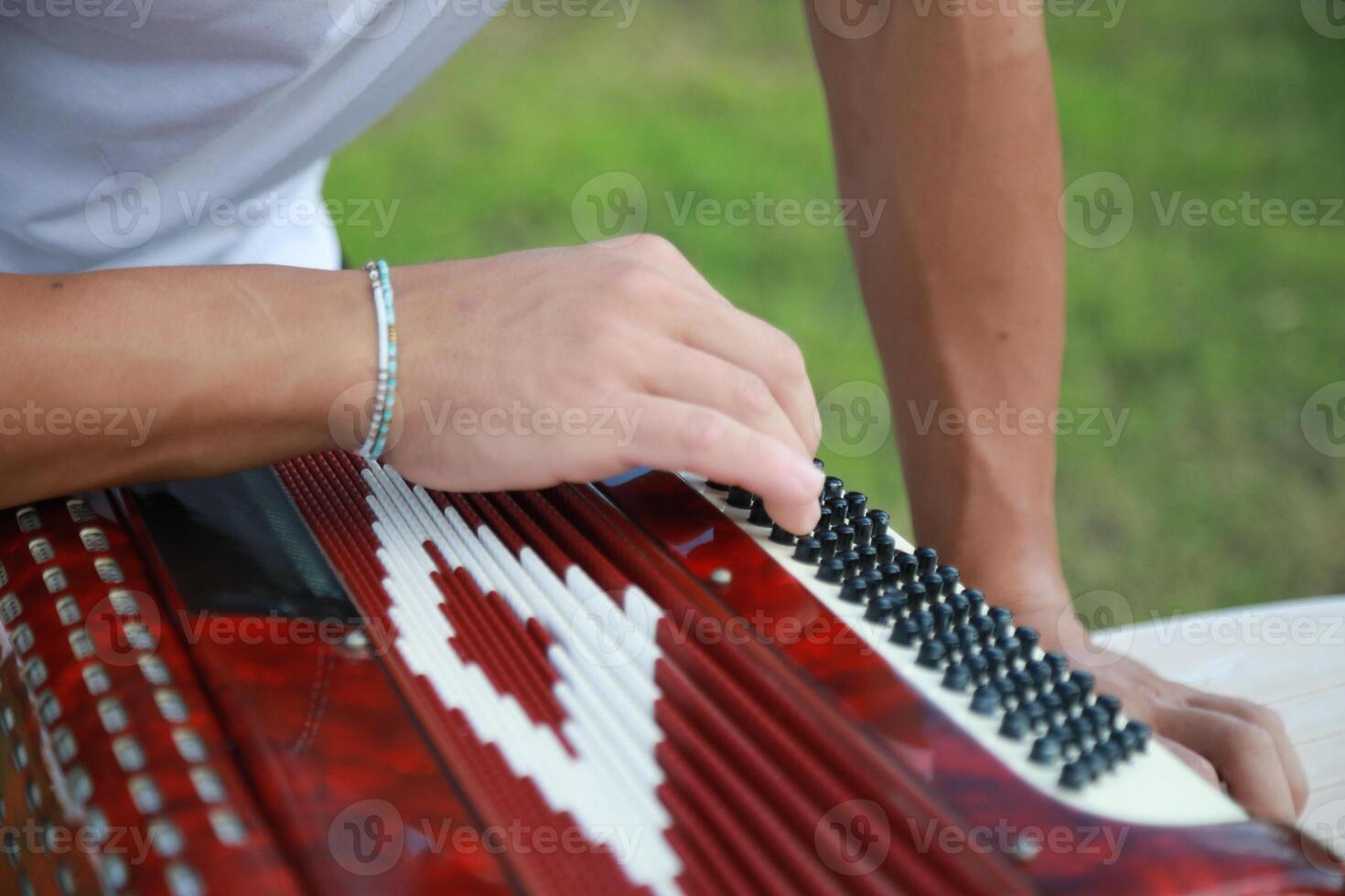Man Testing All The Buttons Of His Accordion photo