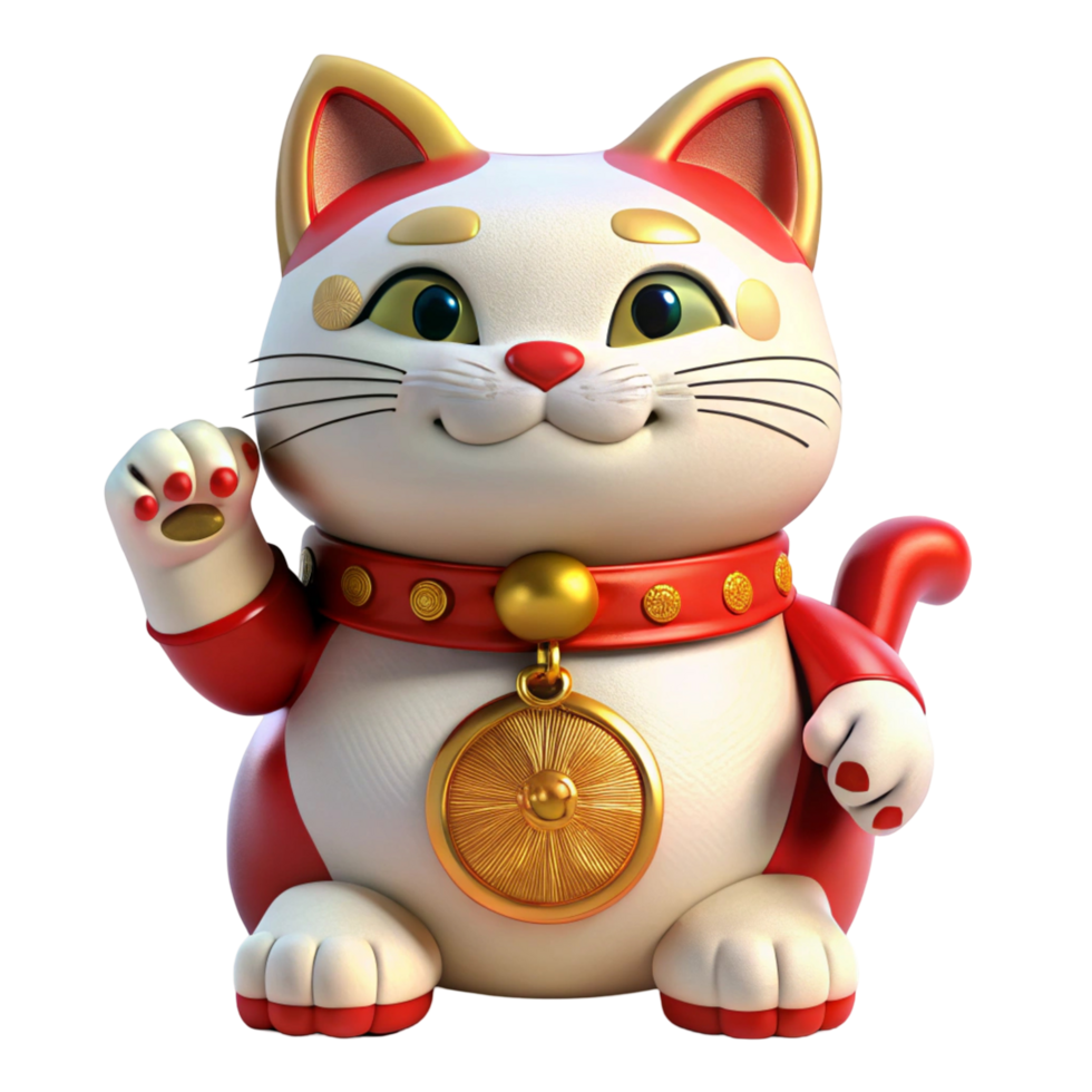 3D Render of a Cute Maneki-neko Lucky Cat Figurine png