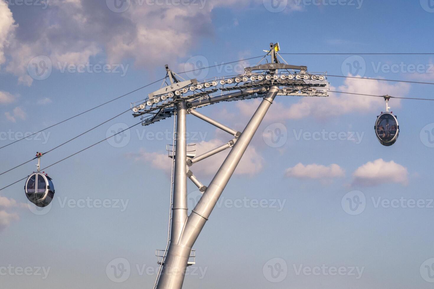 Cable car and pole against blue sky with clouds. Cable car connects Sparrow Hills well known as Vorobyevy Gory park with Sport Complex Luzhniki. Moscow, Russia. photo