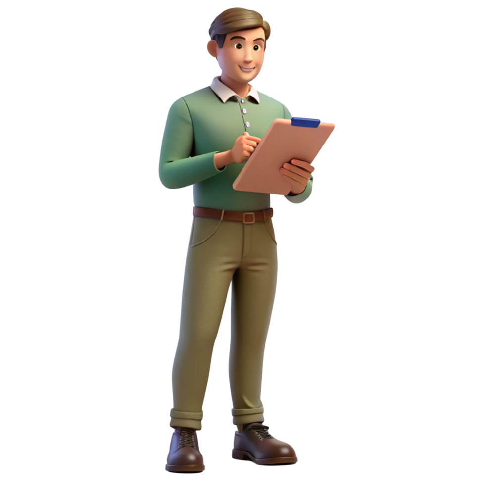 3D Render of a Smiling Man Taking Notes png