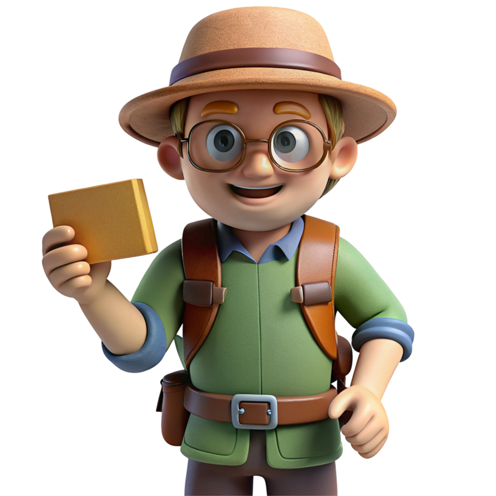 3D Render of a Smiling Boy Explorer Holding a card png