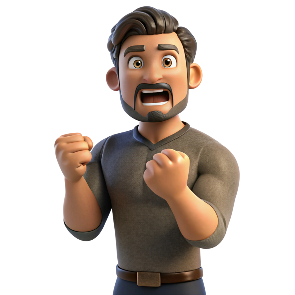 Excited Cartoon Man with Fists Pumped, 3D Render png