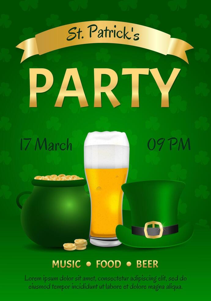 Vertical st. patrick's day party poster, banner with glass of beer, hat and cauldron with coins vector