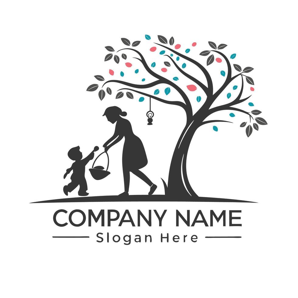 mother and child under the tree logo design vector
