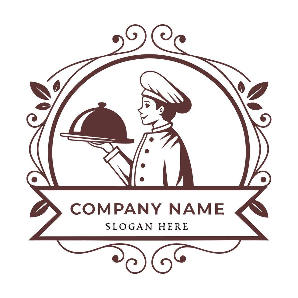 chef holding a tray with food logo design vector