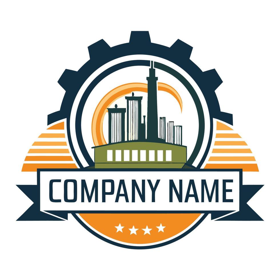 a company logo with a city and gears vector