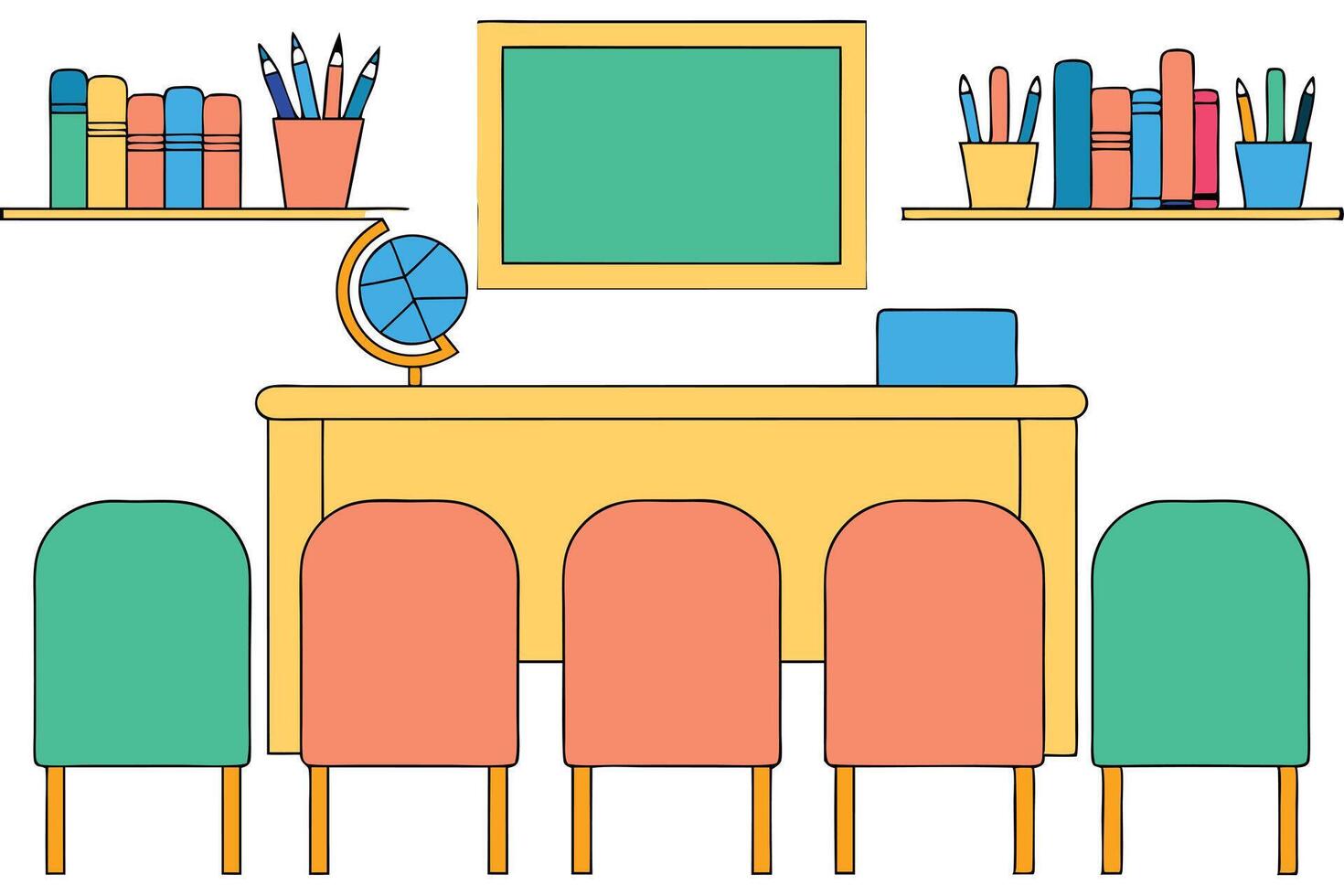 Classroom Setup Desk, Chairs, Books, Globe, Blackboard, Pencils vector