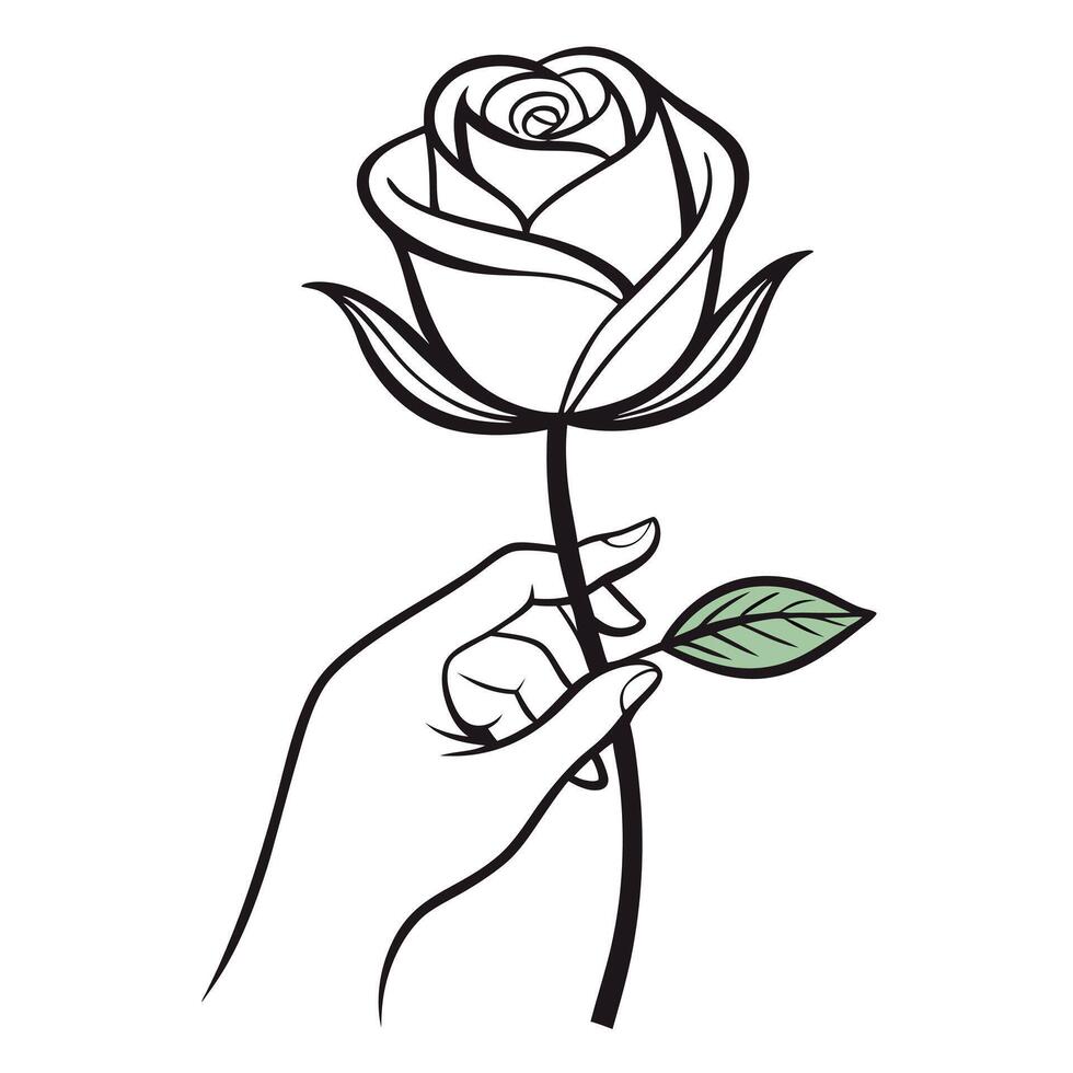 Elegant Hand Holding Single Rose Flower Stem Leaf Bloom vector