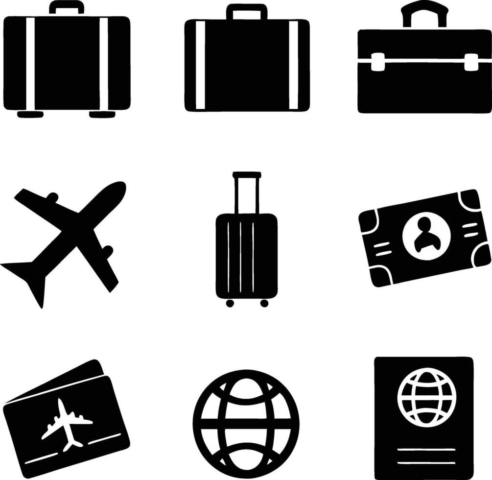 Travel Icons Suitcases, Airplane, Passport, Globe, Boarding Pass vector