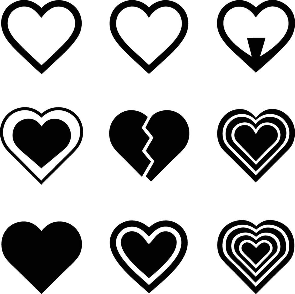 Nine Black Heart Icons Love, Broken Heart, Double Heart Symbols vector