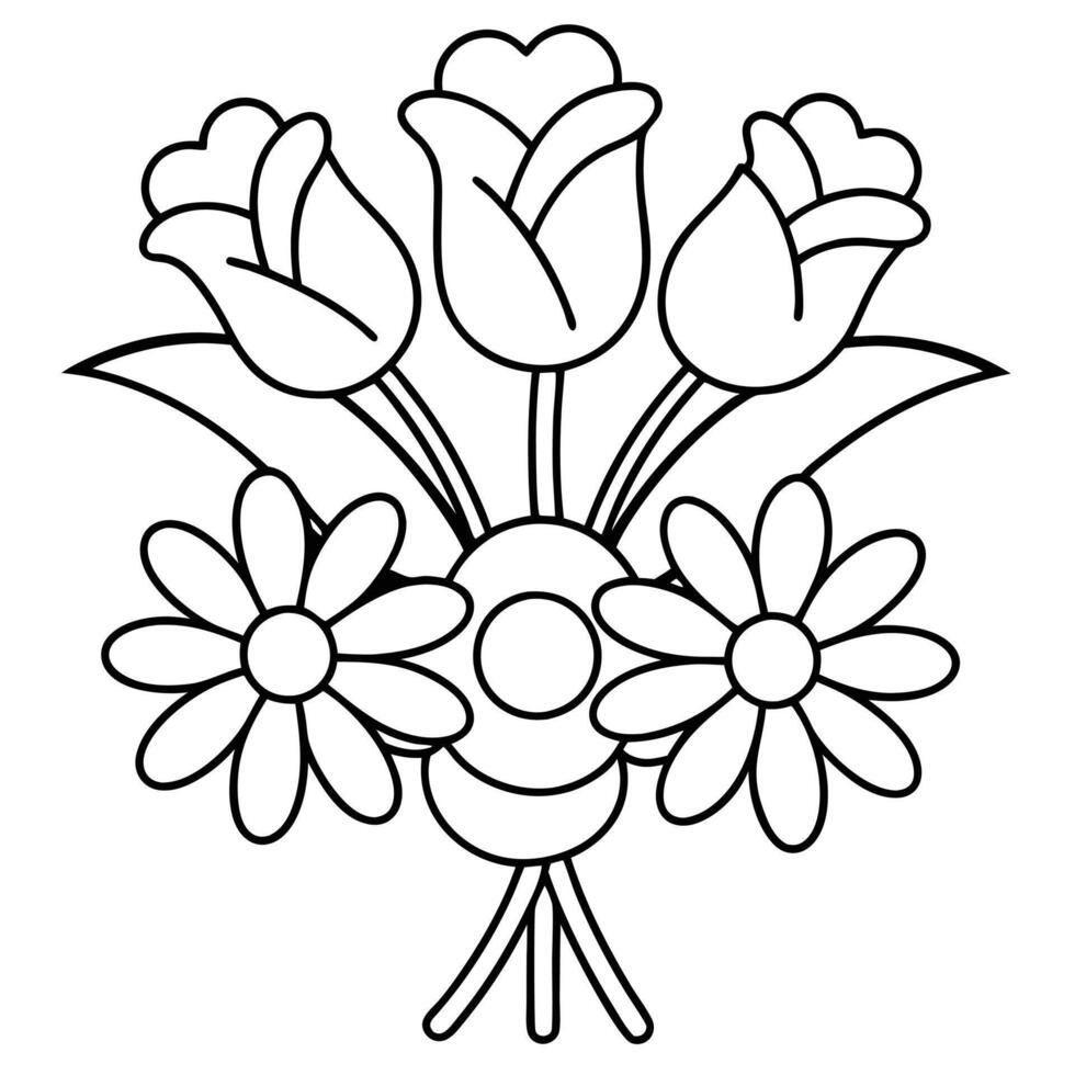 Floral Bouquet Drawing Tulips, Daisies, Line Art, Black and White vector