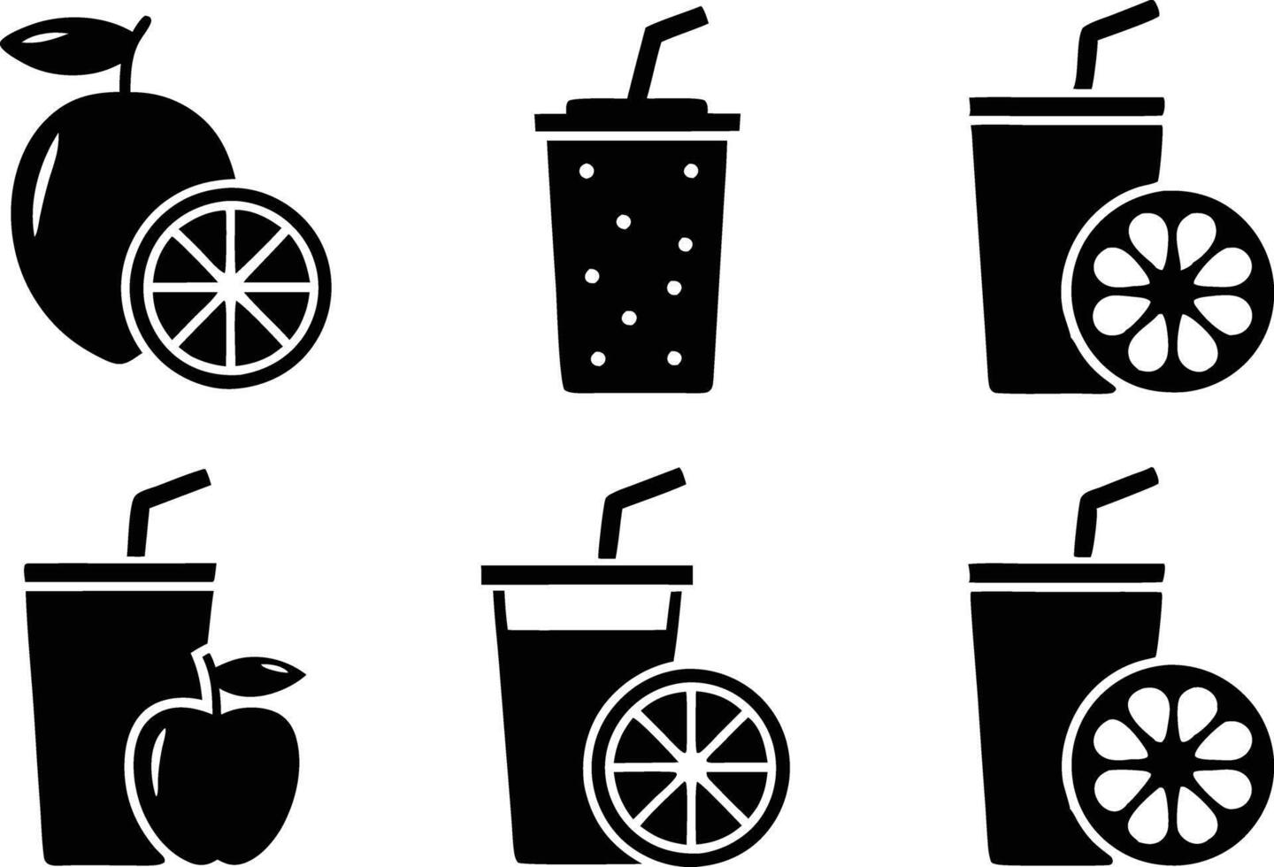 Refreshing Fruit Juice Drinks Orange, Apple, Cups, Straws vector