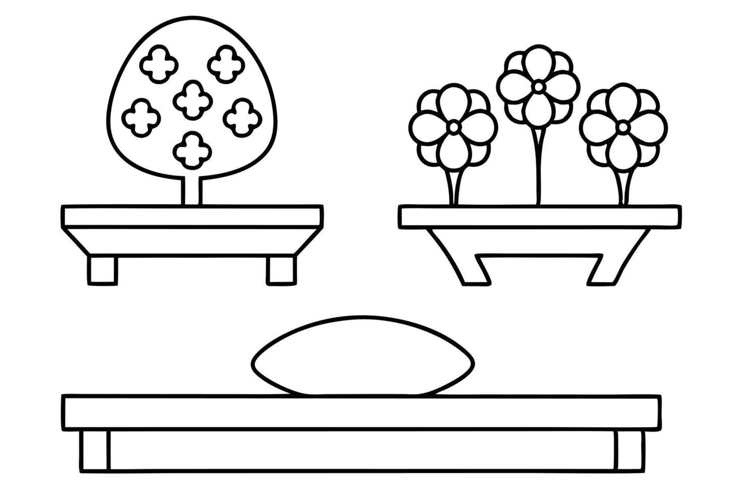 Simple Line Drawing Bonsai Tree, Flower Pots, and Pillow vector