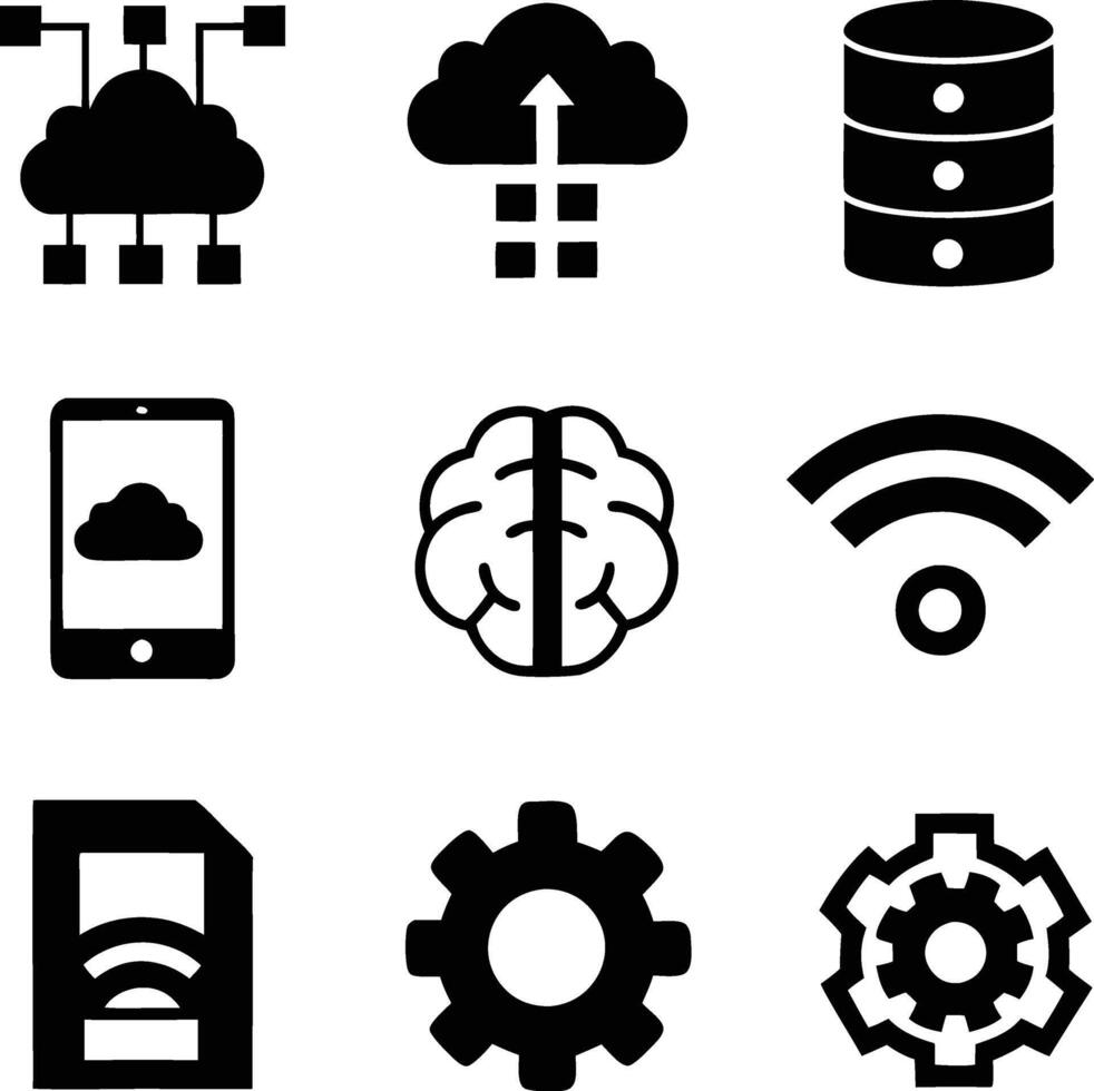 Cloud Computing, Data Storage, Network, Brain, Technology Icons vector
