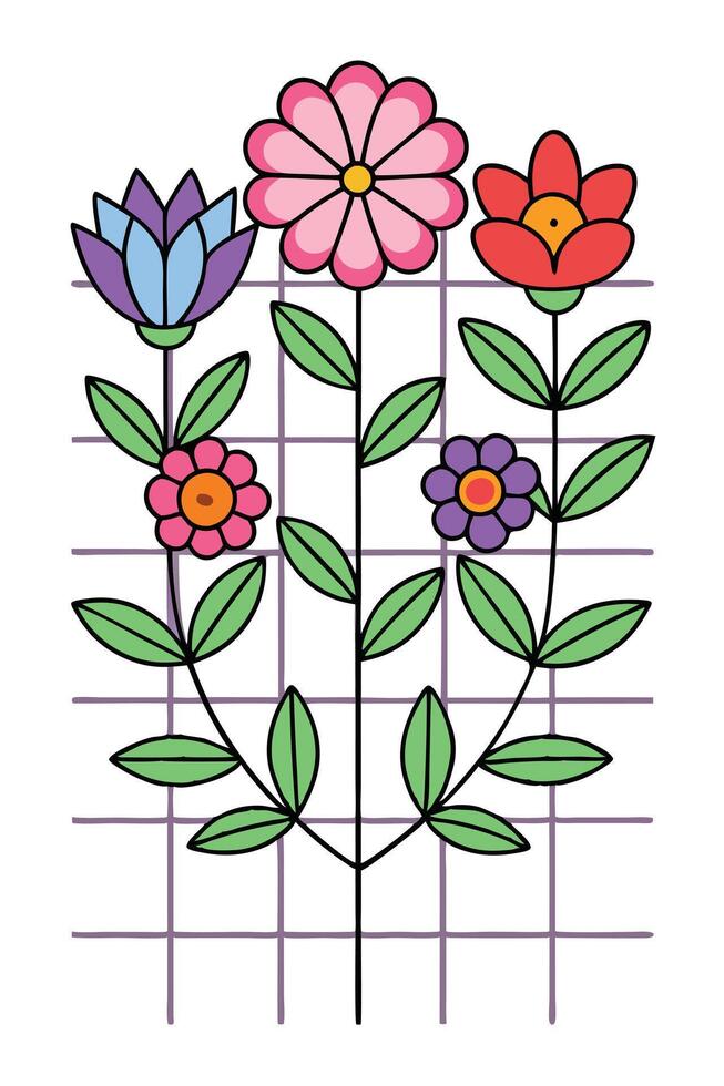 Colorful Flower Garden Grid Design Blooming Spring Botanical Illustration vector