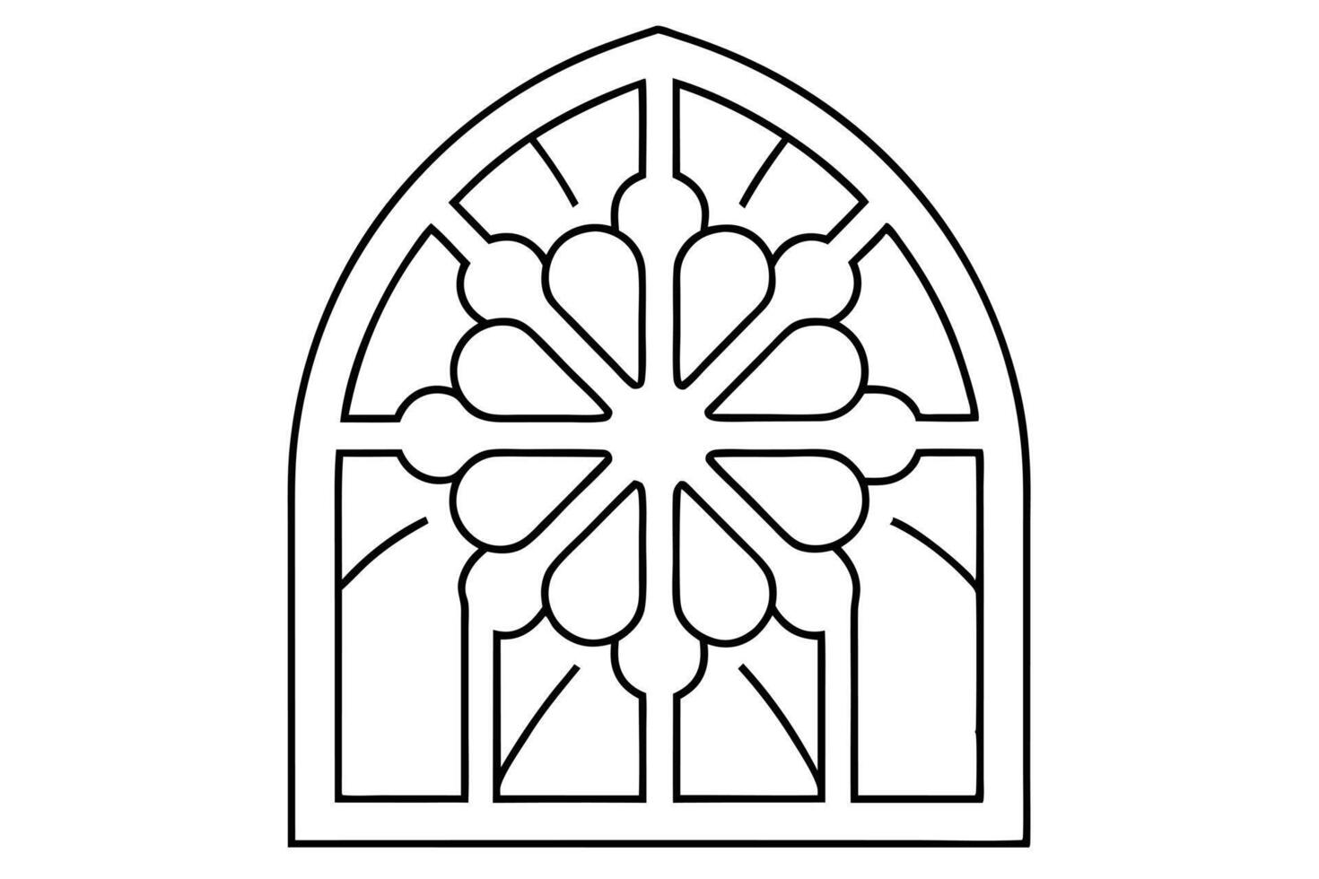 Gothic Arch Window Design Floral Tracery, Line Art, Stained Glass Pattern vector
