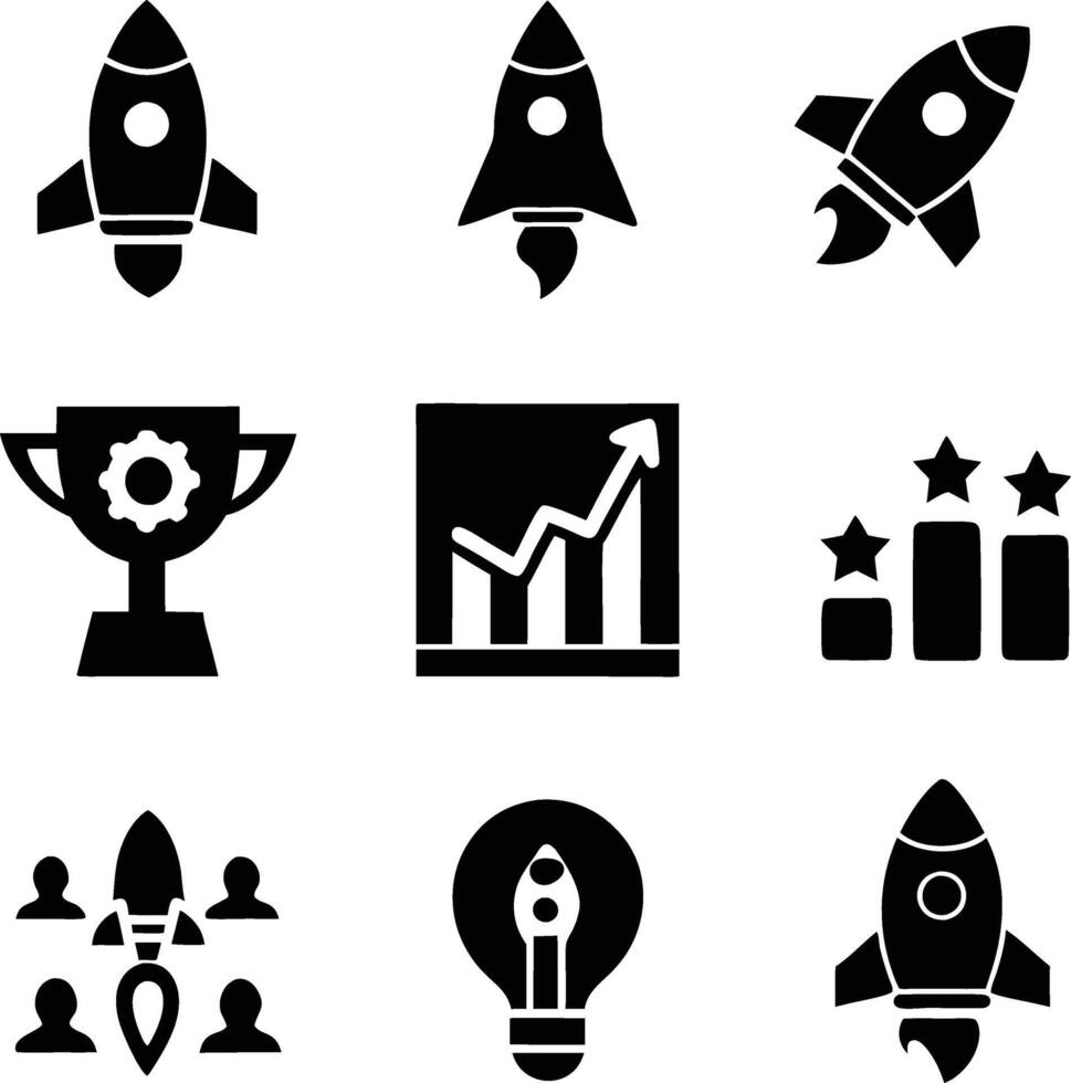 Startup Success Icons Rockets, Growth, Awards, Teamwork, Innovation vector