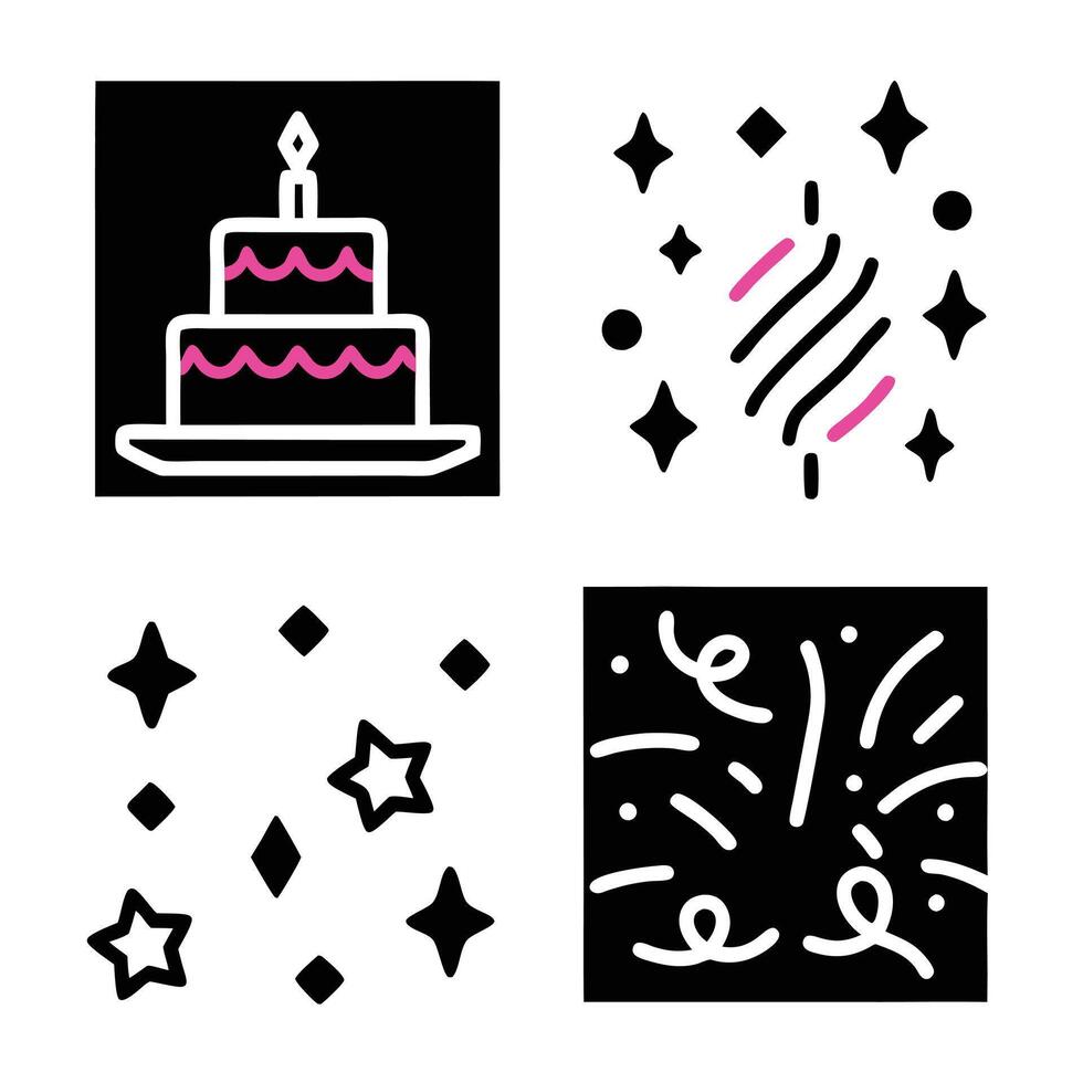 Celebration Icons Cake, Fireworks, Stars, Confetti, Party vector