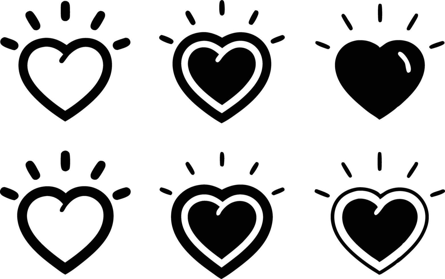 Six Radiant Heart Icons Filled, Outline, Variations, Love Symbols vector